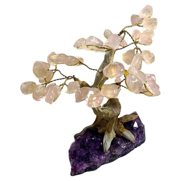 Rose Quartz Tree of Life on Amethyst Druzy Cluster Crystal Bonsai - Picture 1 of 4